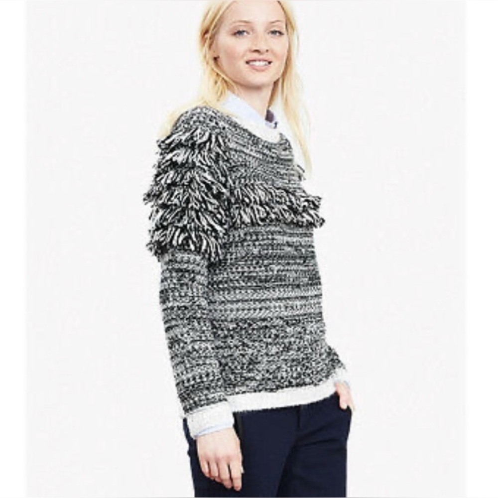 Banana Republic XS Fringe Sweater ~ Wool Alpaca Black White Classic Cozy